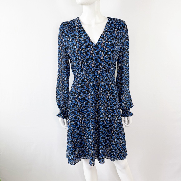 Cabi Blue Floral Mesh Dress Size M Long Sleeve V-Neck Casual A-Line Classic - Picture 2 of 10